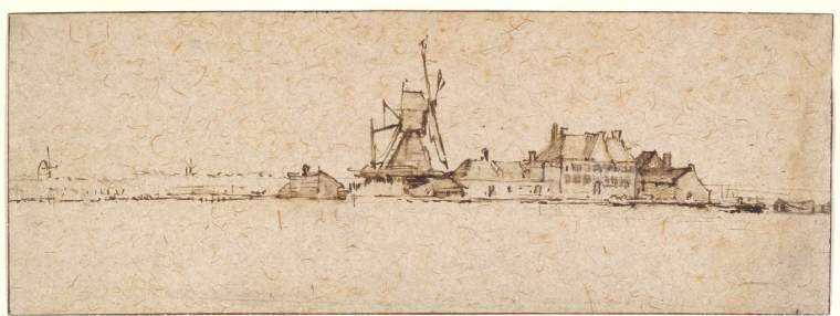Panoramic brown-ink drawing of a Dutch windmill and low rooftops stretched along a dike, set against wide blank sky and water; minimal strokes describe sails, houses, and horizon in a calm, open landscape.