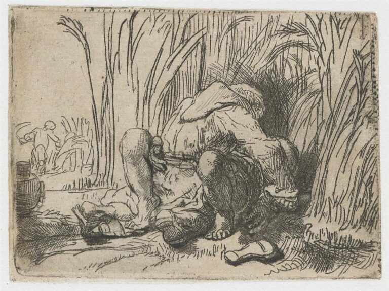 Small etching of a robed monk asleep on the ground amid tall corn and grasses, shoe and bag at his feet, with a distant figure harvesting through a bright gap at left; dense cross-hatching forms a shady grotto around the sleeper.