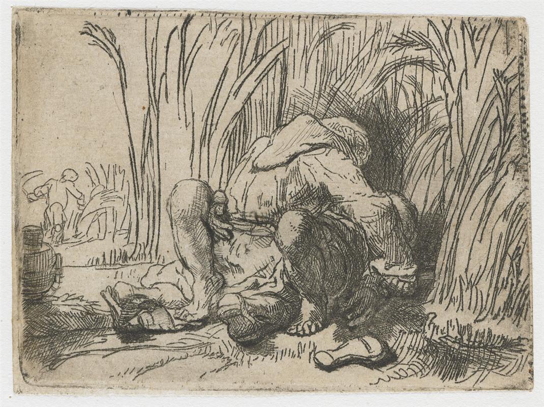 Small etching of a robed monk asleep on the ground amid tall corn and grasses, shoe and bag at his feet, with a distant figure harvesting through a bright gap at left; dense cross-hatching forms a shady grotto around the sleeper.