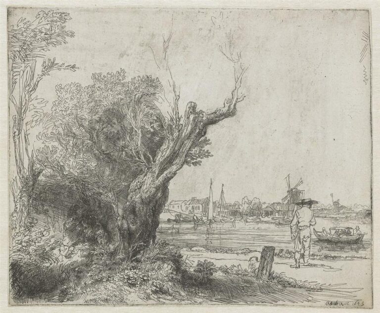 Etching of a riverside view at the Omval: a massive twisted tree fills the left foreground, a calm river with boats runs across the middle, a lone man stands on the right bank, and a windmill and houses line the distant shore under an open sky.