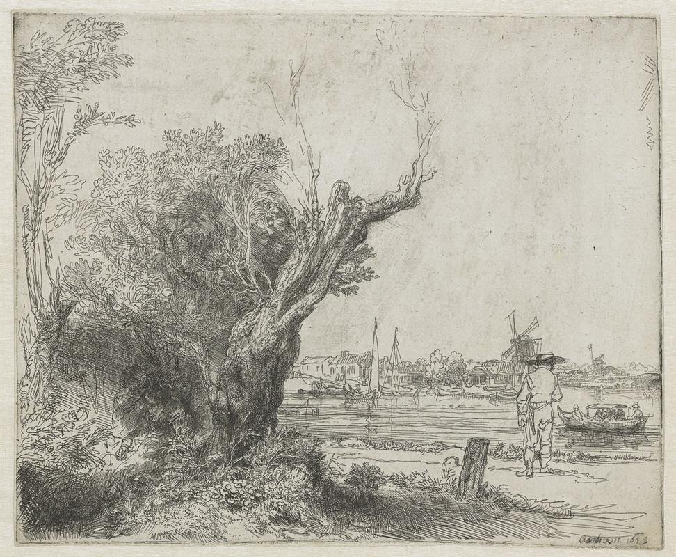 Etching of a riverside view at the Omval: a massive twisted tree fills the left foreground, a calm river with boats runs across the middle, a lone man stands on the right bank, and a windmill and houses line the distant shore under an open sky.
