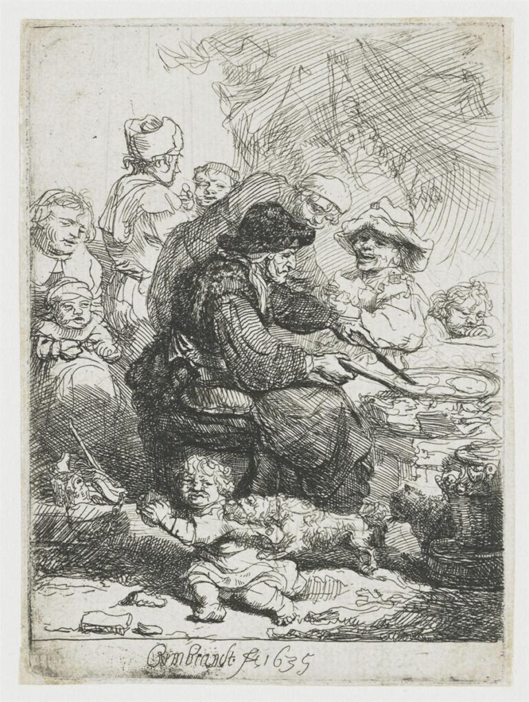 Small Rembrandt etching of a crouched woman cooking pancakes on a brazier as children crowd around; a toddler tumbles in the foreground and a dog noses toward the food, while lively hatching suggests smoke, chatter, and the bustle of a city street.