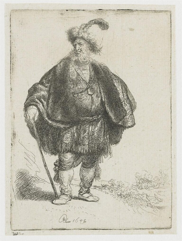 A stout, bearded man in a fur-trimmed cape and plumed cap stands with a walking stick, his head turned slightly aside; patterned tunic, gathered trousers, and a medallion catch the light, all rendered in Rembrandt’s fine etched lines against an otherwise open ground.
