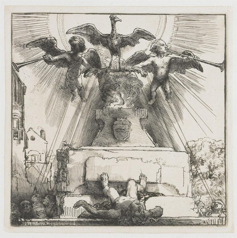Etching of a civic monument showing a fallen statue on a pedestal’s base, flames and smoke rising to a phoenix flanked by two putti blowing trumpets that send radiant beams across the sky, with houses and a small crowd at the sides.