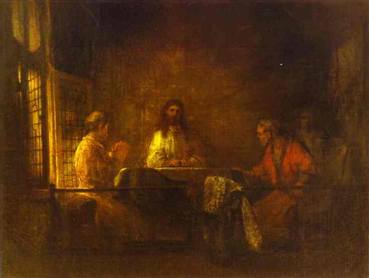 Warmly lit interior with Christ seated at center of a table and two pilgrims reacting at either side; late-day light from left windows, deep shadows around the room, and a tablecloth cascading toward the viewer.