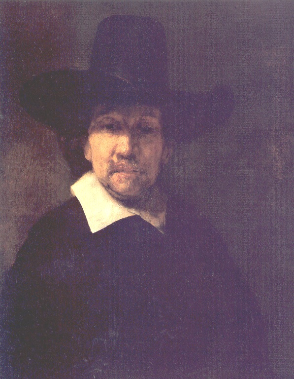 Half-length portrait of poet Jeremia de Decker by Rembrandt (1666), showing a man in a wide black hat and dark coat with a bright white collar, his softly lit face emerging from a muted background.