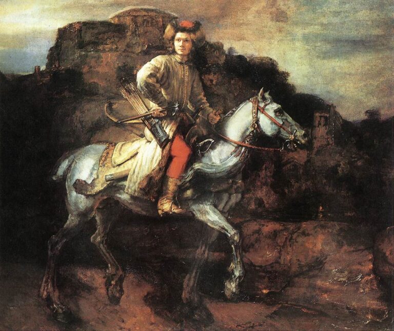 Life-size painting of a young rider in Eastern European costume on a gray horse moving through a rocky, dark landscape; weapons hang at his side, ruins and a distant fire appear behind, and moody light falls across the alert face and the horse’s arched neck.