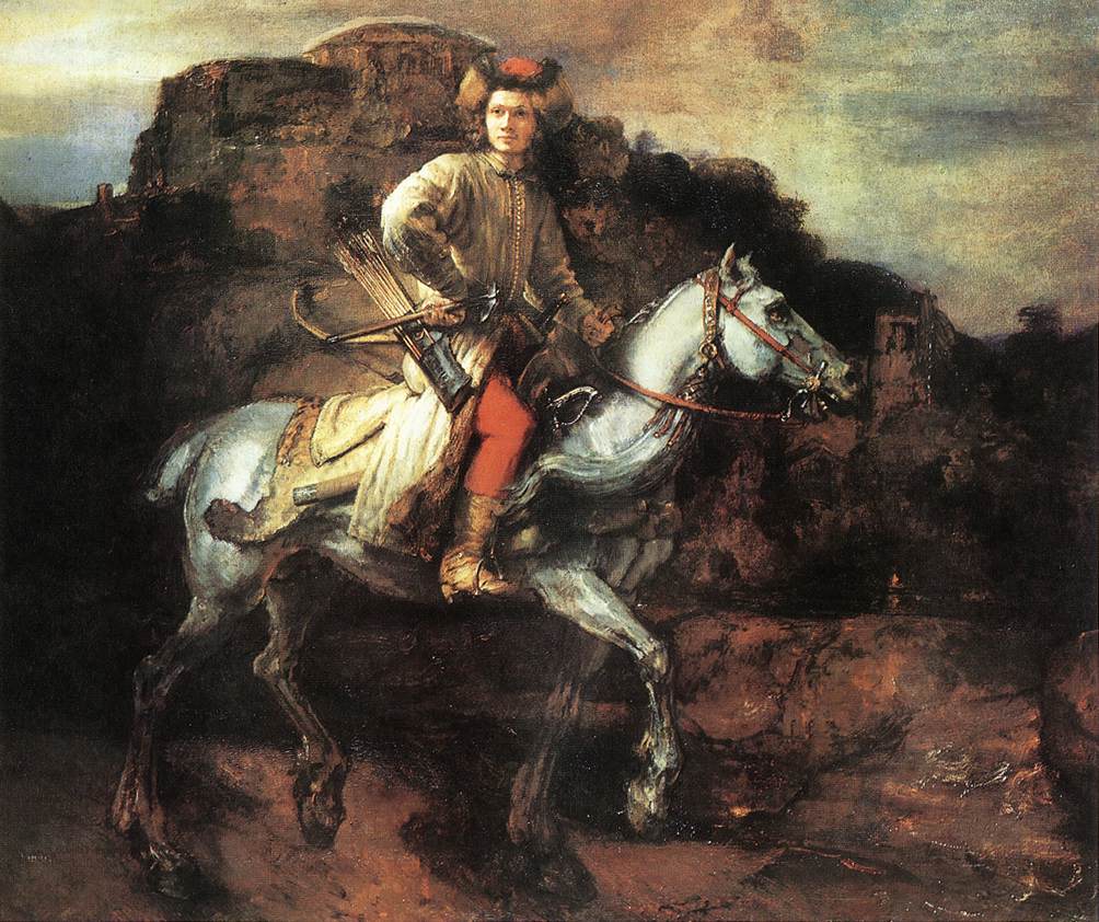 Life-size painting of a young rider in Eastern European costume on a gray horse moving through a rocky, dark landscape; weapons hang at his side, ruins and a distant fire appear behind, and moody light falls across the alert face and the horse’s arched neck.