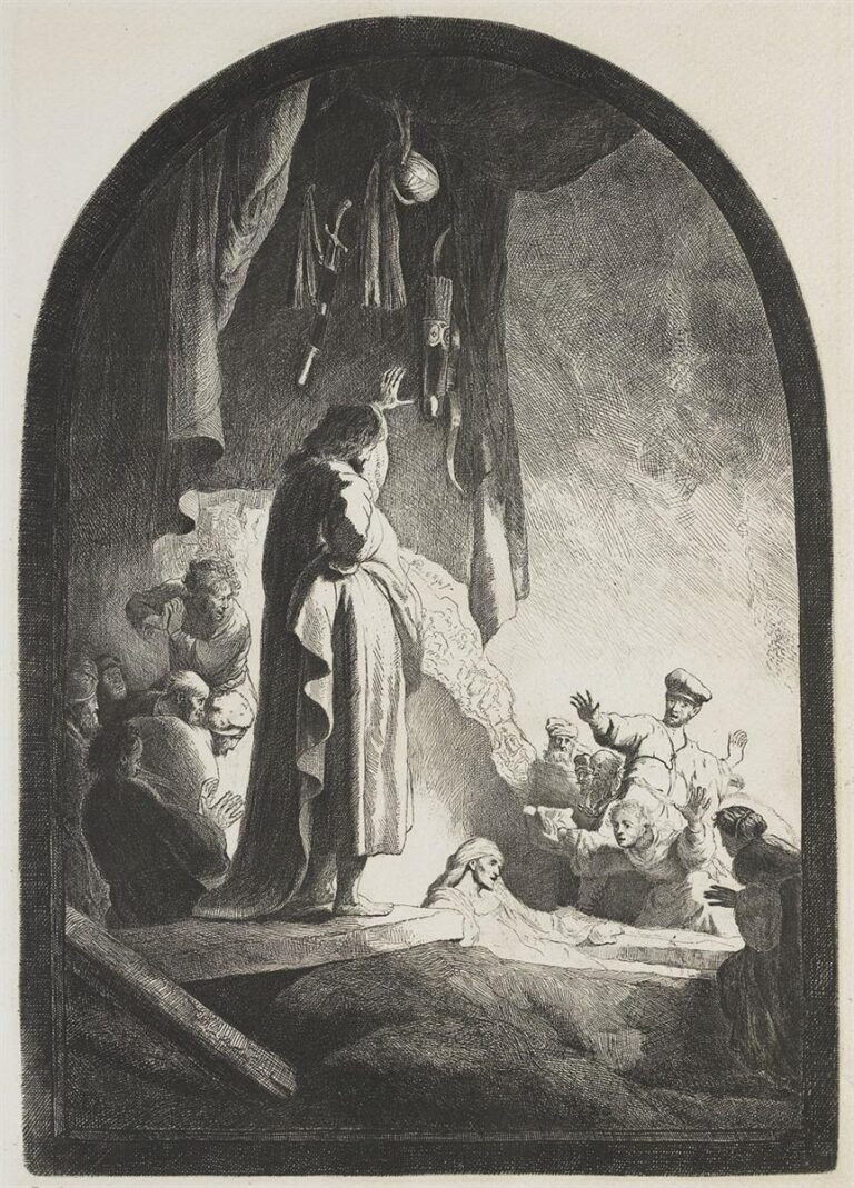 Etching framed by an arch showing Christ at the tomb’s edge with hand raised while a crowd reacts; white light falls on the shrouded Lazarus rising from a stone sarcophagus as hanging scabbards and deep shadows emphasize the cavernous setting.
