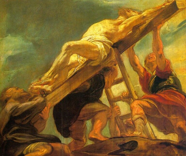 Dramatic Rubens scene of workers heaving Christ’s cross upright under a stormy sky; the beam slices diagonally as muscular figures brace and pull while Christ’s foreshortened body arcs toward light.