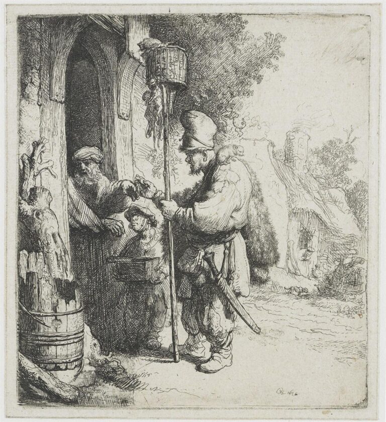 At a cottage door, a bearded peddler with a tall staff topped by a wicker trap exchanges coins with a householder, while a boy assistant holds a box of wares; a barrel and tree stump sit in the foreground and a small thatched house recedes along a path, all drawn with Rembrandt’s fine cross-hatched etching lines.