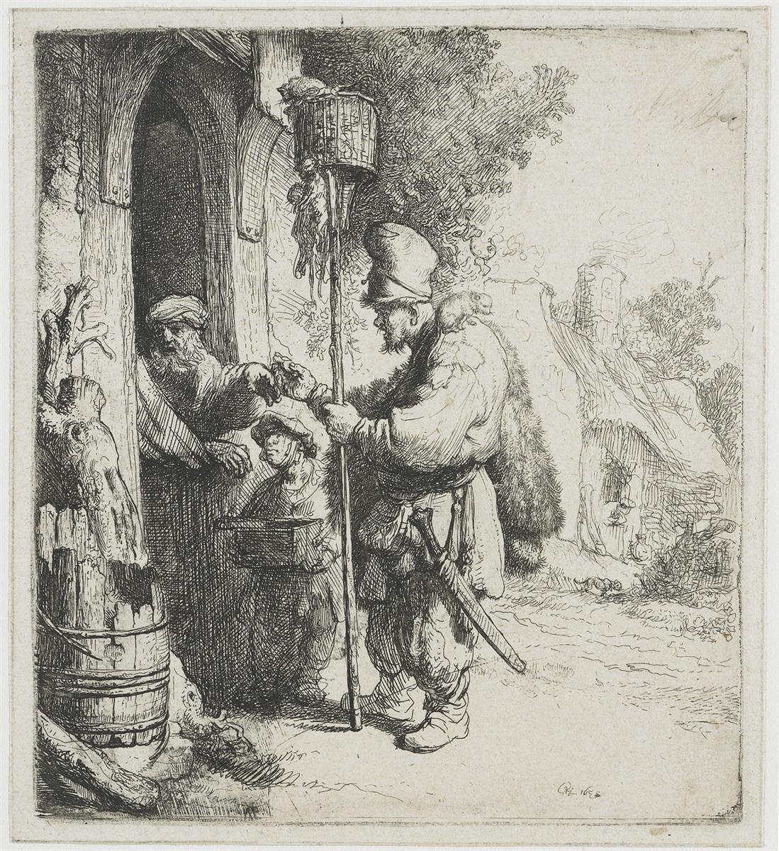 At a cottage door, a bearded peddler with a tall staff topped by a wicker trap exchanges coins with a householder, while a boy assistant holds a box of wares; a barrel and tree stump sit in the foreground and a small thatched house recedes along a path, all drawn with Rembrandt’s fine cross-hatched etching lines.