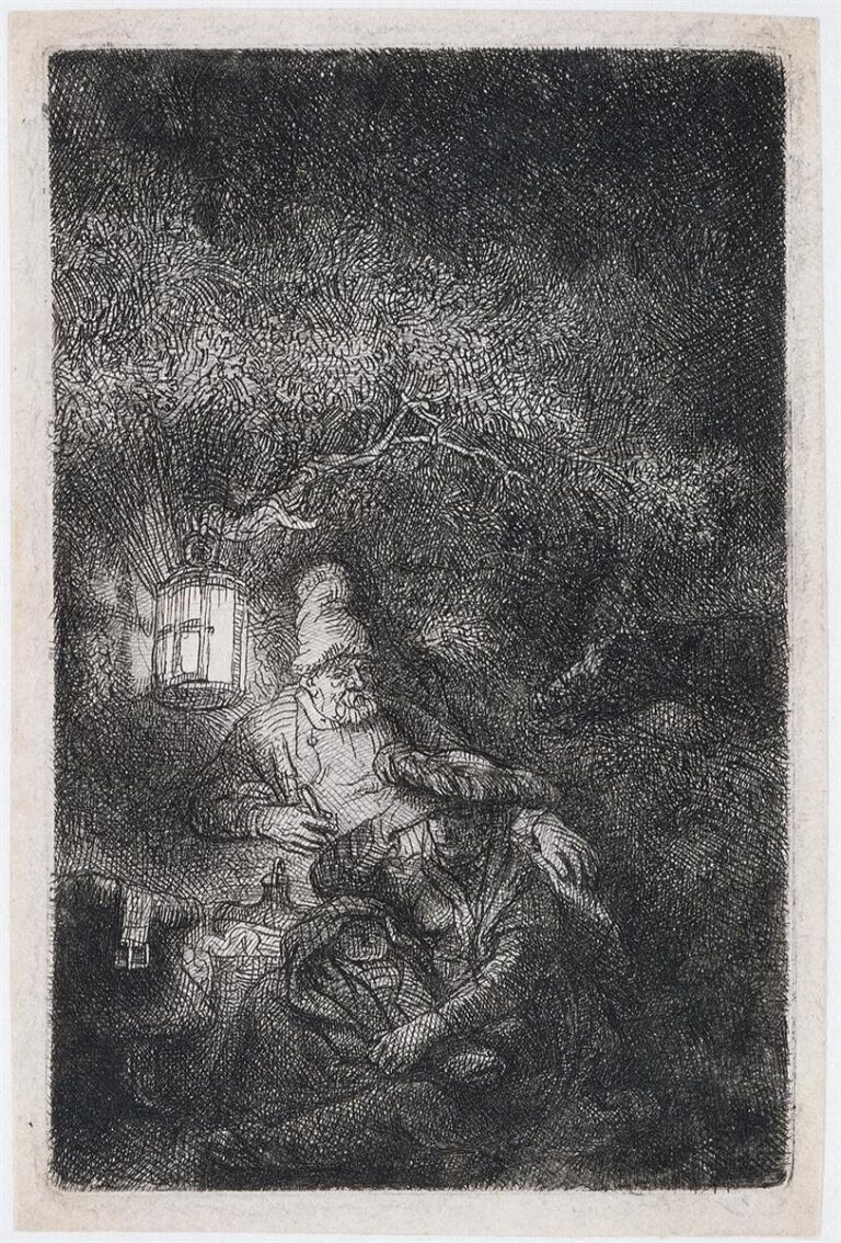 Rembrandt etching of the Holy Family resting at night beneath a tree; a hanging lantern illuminates Joseph, Mary, and a swaddled child, with dense cross-hatched darkness surrounding their small pool of light.