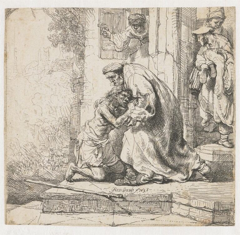 Etching by Rembrandt showing a ragged young man kneeling on steps as an older father bends to embrace him at a doorway; witnesses peer from a window and stand at right, while a bright, lightly sketched townscape opens to the left, emphasizing the threshold between exile and home.