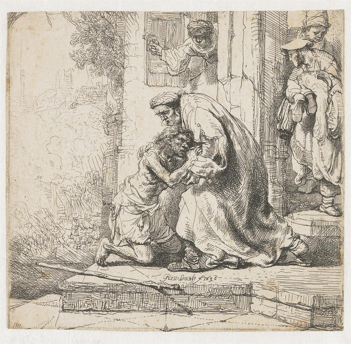 Etching by Rembrandt showing a ragged young man kneeling on steps as an older father bends to embrace him at a doorway; witnesses peer from a window and stand at right, while a bright, lightly sketched townscape opens to the left, emphasizing the threshold between exile and home.