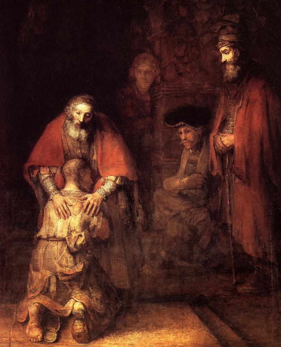 Rembrandt’s “The Return of the Prodigal Son” showing an elderly father placing both hands on his kneeling son, warmly lit against a dark interior while several onlookers watch from the right in partial shadow.