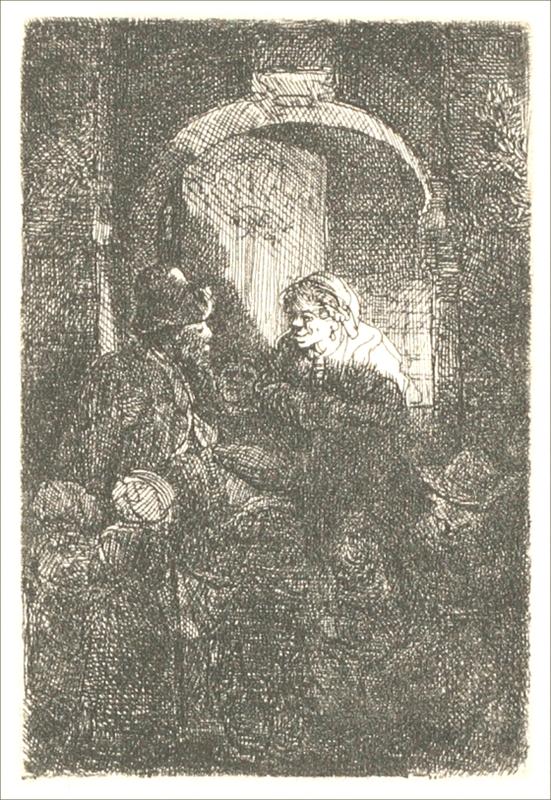 In a dimly lit room beneath a rounded arch, a schoolmaster leans toward a child whose bright face catches the light, while surrounding students and benches dissolve into warm shadow in Rembrandt’s 1641 etching.
