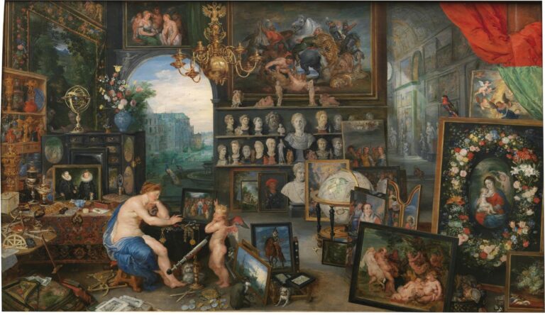 Vast cabinet-of-curiosities interior filled with paintings, antique busts, globes, instruments, flowers, and luxury objects; Venus sits with Cupid amid treasures while galleries open to a city view, creating a layered allegory of the sense of sight.