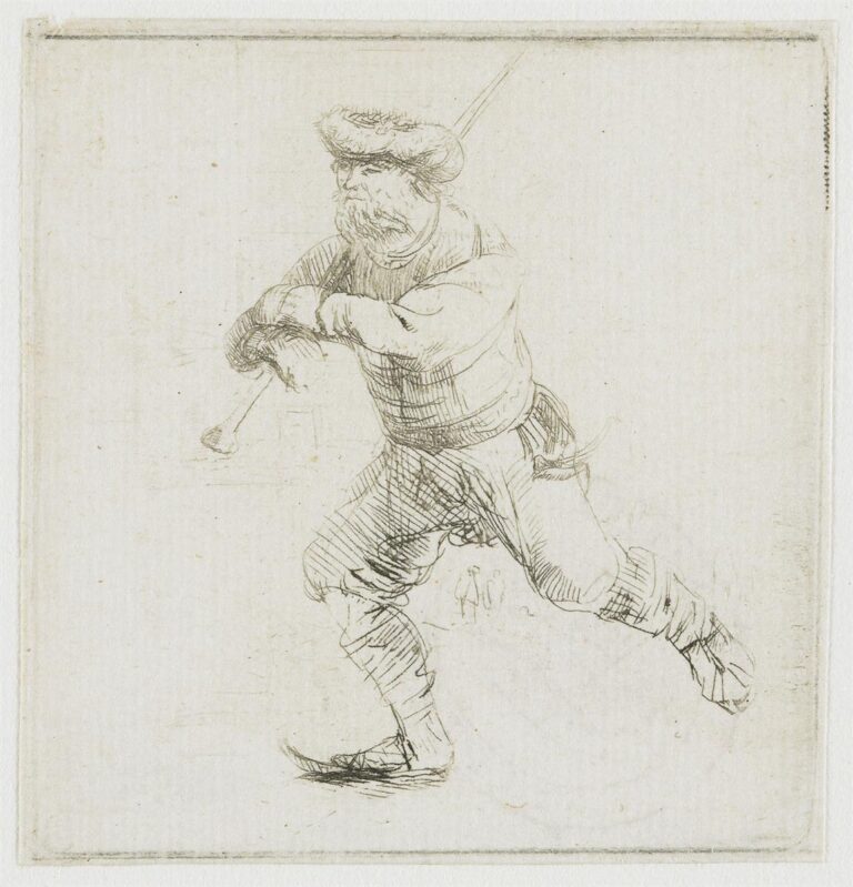 Small etching by Rembrandt of a bundled man skating with arms folded and one leg thrust forward; minimal background and lively lines convey speed and balance on a blank expanse of ice.