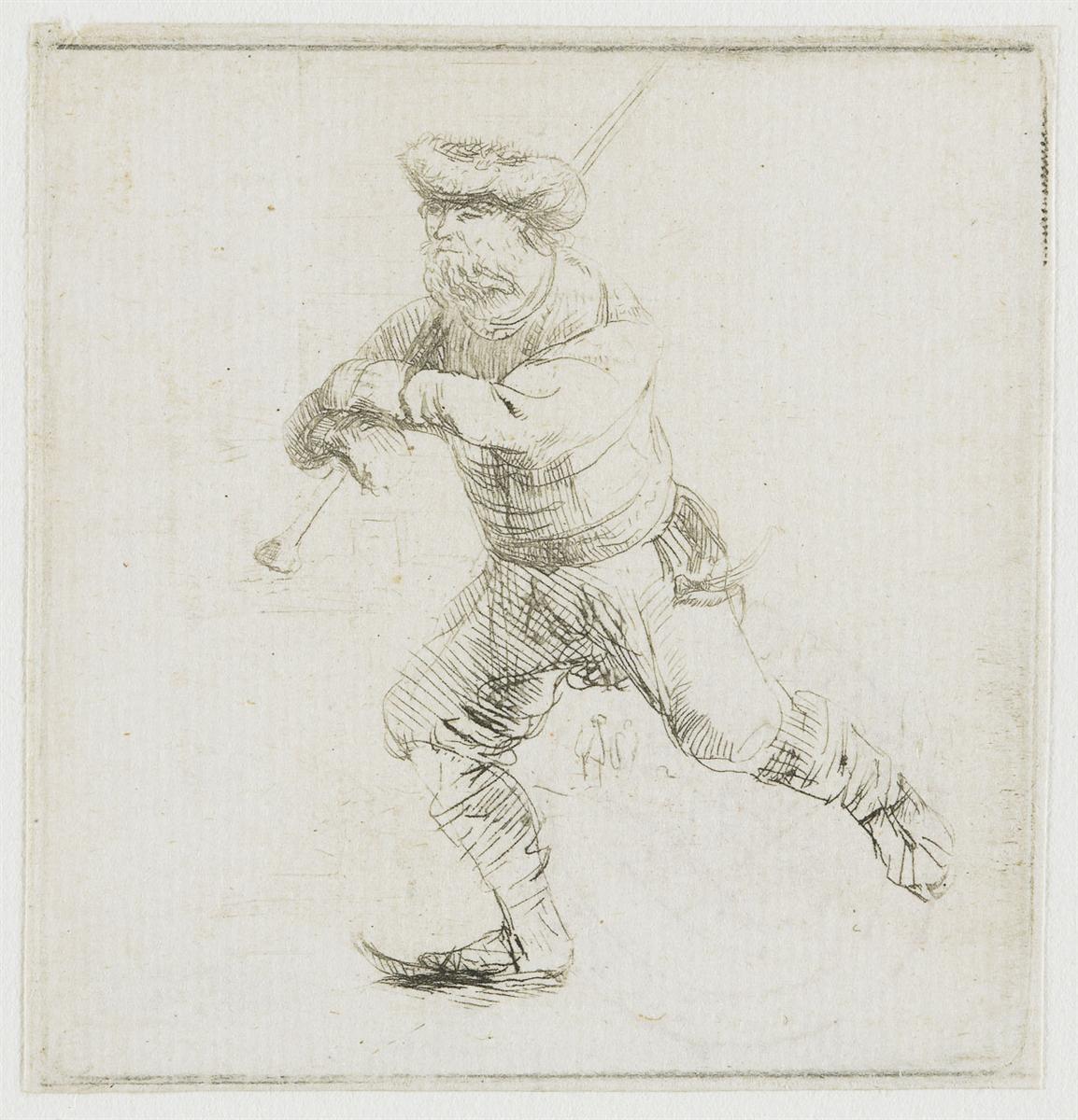 Small etching by Rembrandt of a bundled man skating with arms folded and one leg thrust forward; minimal background and lively lines convey speed and balance on a blank expanse of ice.