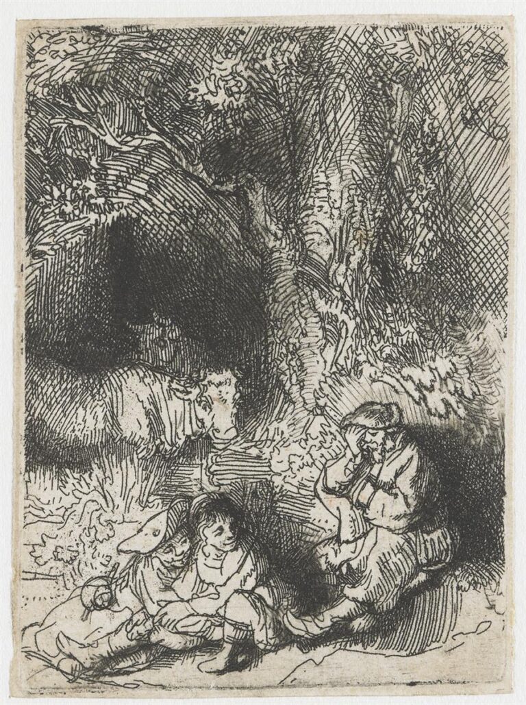 Rembrandt etching of a shaded woodland clearing with a herdsman asleep on a bank at right, two children lounging in the foreground, and cattle peering through foliage beneath a large tree whose dense canopy darkens the scene.