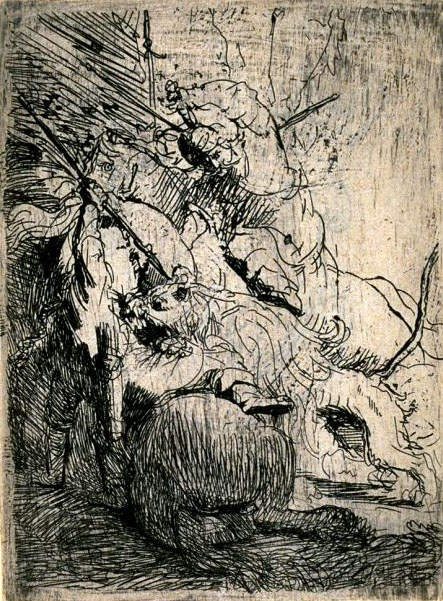 Small etching of a chaotic lion hunt: a lion grapples amid rearing and fallen horses as spears slash diagonally across a tight, shadowed space; dense hatching and bright reserves create a vortex of motion viewed at extreme closeness.