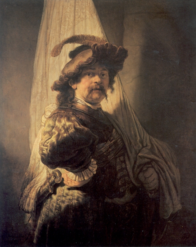 Rembrandt portrait of a militia standard bearer turning toward the viewer, right hand on hip and left gripping a pale banner that drops behind him; feathered hat, lavish satin sleeve, and gleaming details emerge from warm shadow as light highlights his face and the draped standard.