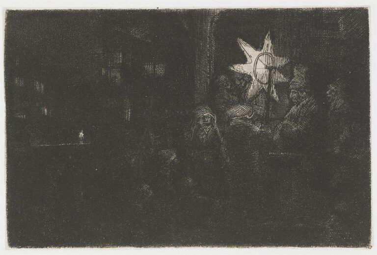 Dark Rembrandt etching of a winter night with a bright star-shaped lantern held by bundled singers at right, a tiny distant light at left, and most of the scene cloaked in rich plate-tone darkness.