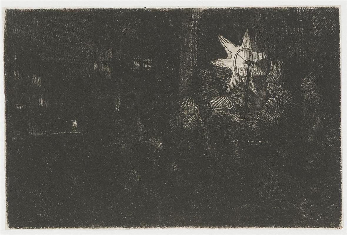 Dark Rembrandt etching of a winter night with a bright star-shaped lantern held by bundled singers at right, a tiny distant light at left, and most of the scene cloaked in rich plate-tone darkness.