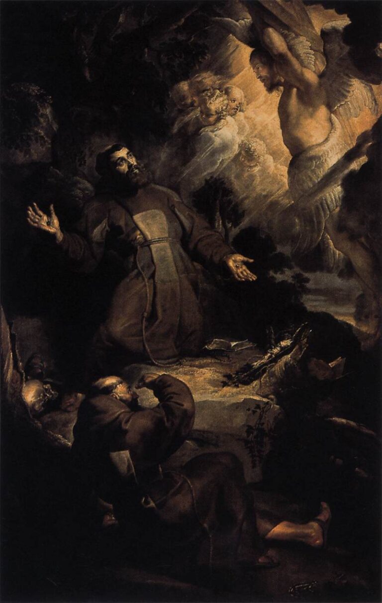 In a shadowed grotto, St. Francis stands with arms open as a radiant seraphic Christ descends in golden light; a kneeling friar shields his eyes, while skull, book, and rocky ledge frame the miracle of the stigmata.