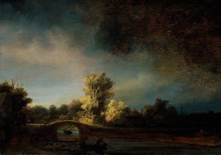 Wide landscape with a low arched stone bridge over a river, small figures and boats, a cluster of sunlit trees and a house beyond, and a vast sky where dark storm clouds roll in from the right while a pale clearing glows over the center.