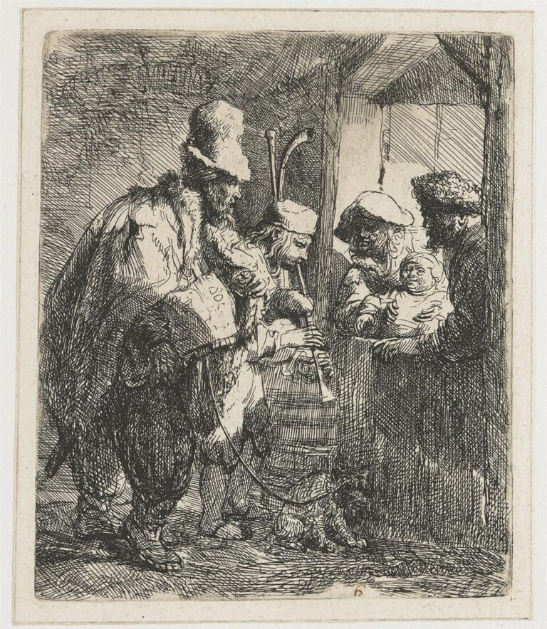 Etching by Rembrandt showing three traveling musicians with instruments and a small dog pausing at a doorway where two adults lean out holding a swaddled infant; dense hatching shapes furred coats and the dark interior, while the groups face each other across a narrow threshold.