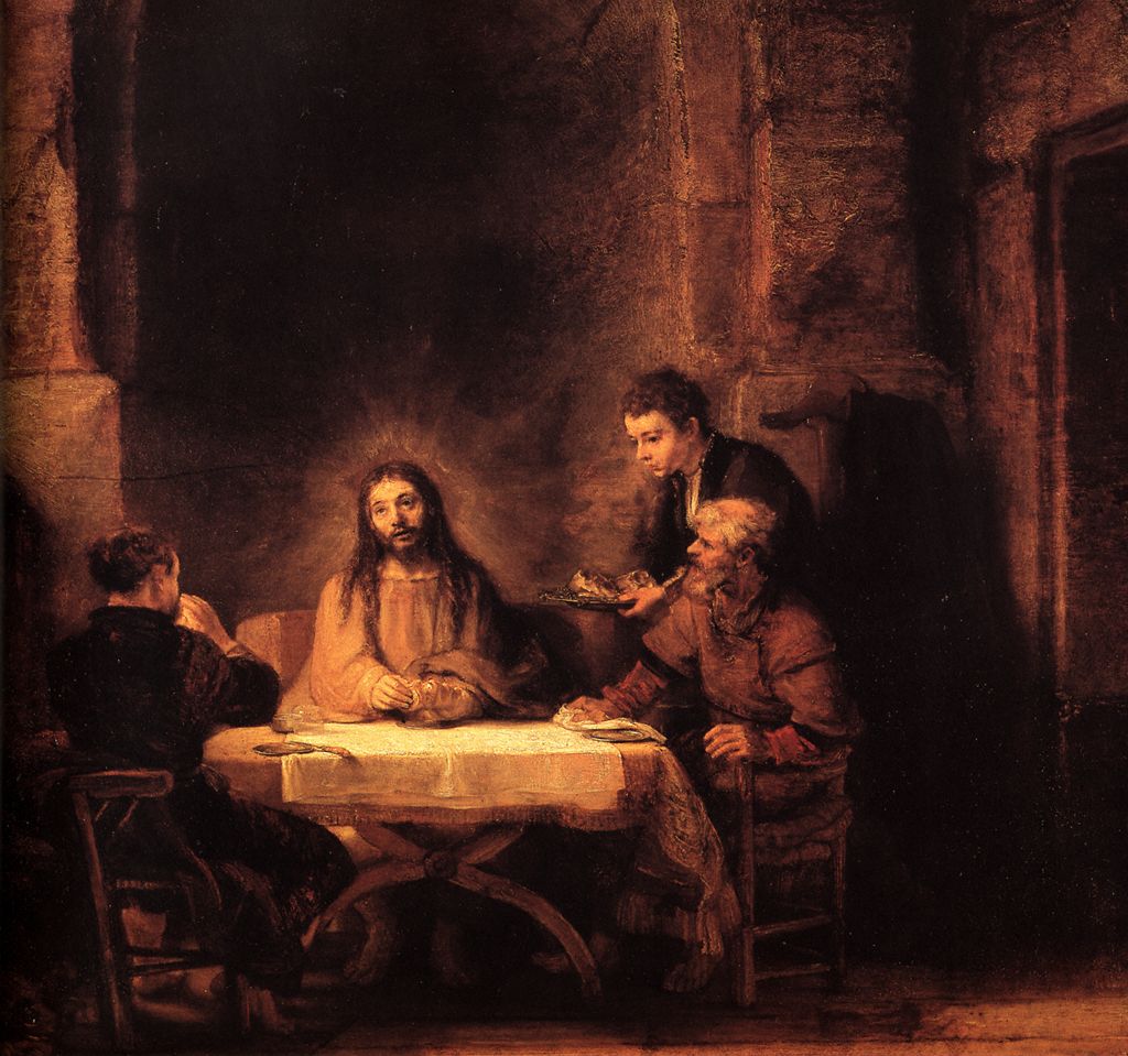Warm, shadowed interior where the risen Christ sits at a small table with two disciples as a servant leans in with a platter; a soft halo surrounds Christ while the tablecloth glows in the dim room.