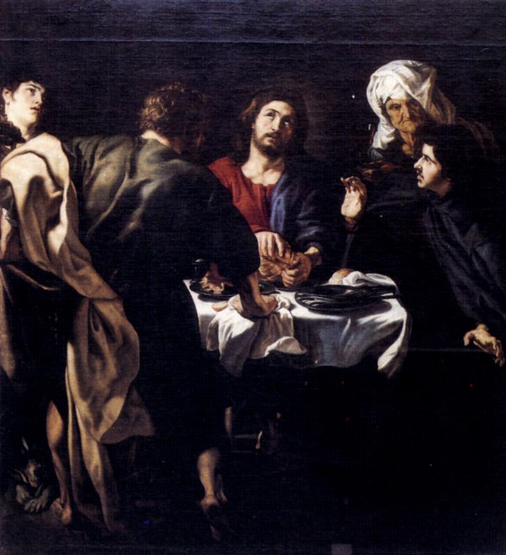 Dusk-lit interior with Christ at the center breaking bread at a small table; two disciples recoil and lean in with astonishment while servants look on, strong light striking faces and white tablecloth against a dark room.