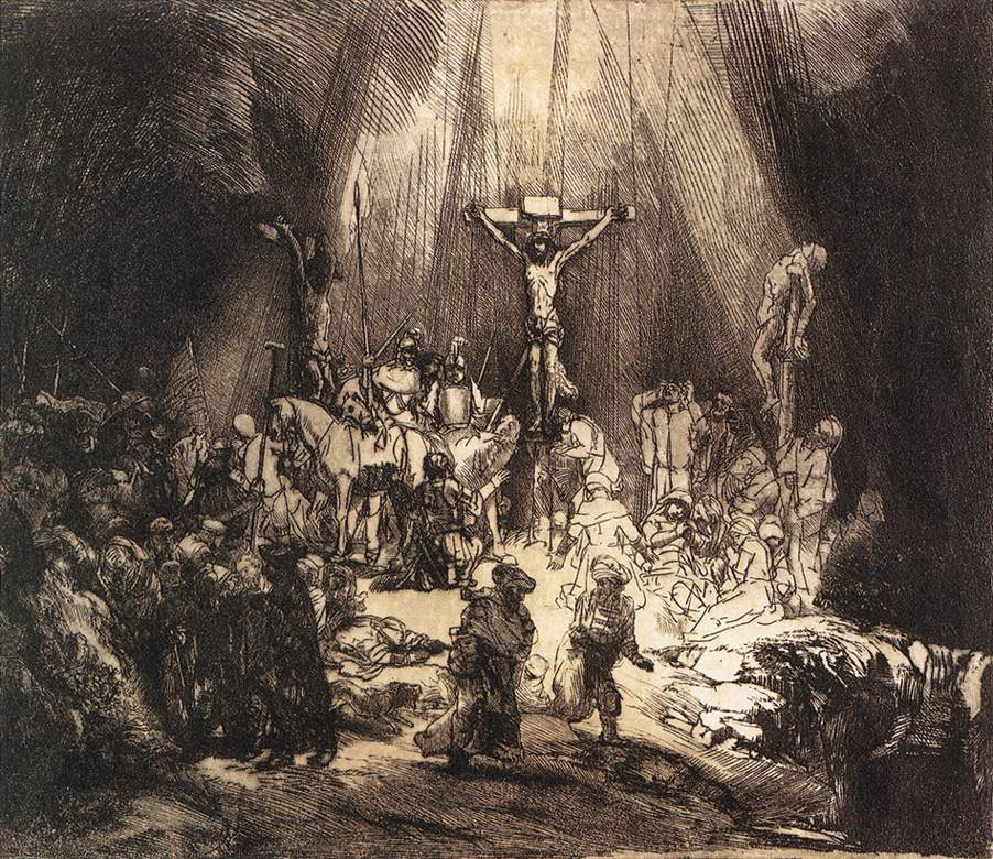 Rembrandt’s 1653 etching and drypoint of the Crucifixion showing Christ on the central cross between two thieves, intense beams of light falling through a dark vault of shadow, soldiers, onlookers, and grieving figures clustered around the hill in a crowded, dramatic scene.