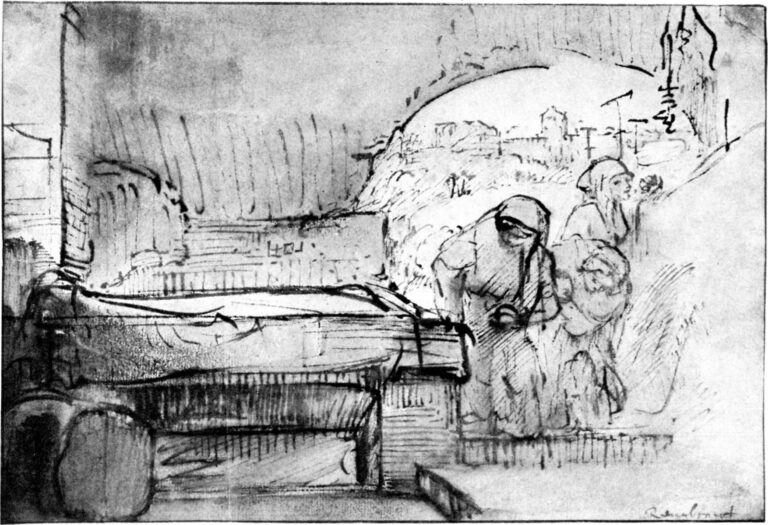 Pen-and-wash drawing by Rembrandt showing an empty stone sarcophagus inside a dim tomb, three veiled women entering through a bright arched opening, and a small landscape beyond in early morning light.