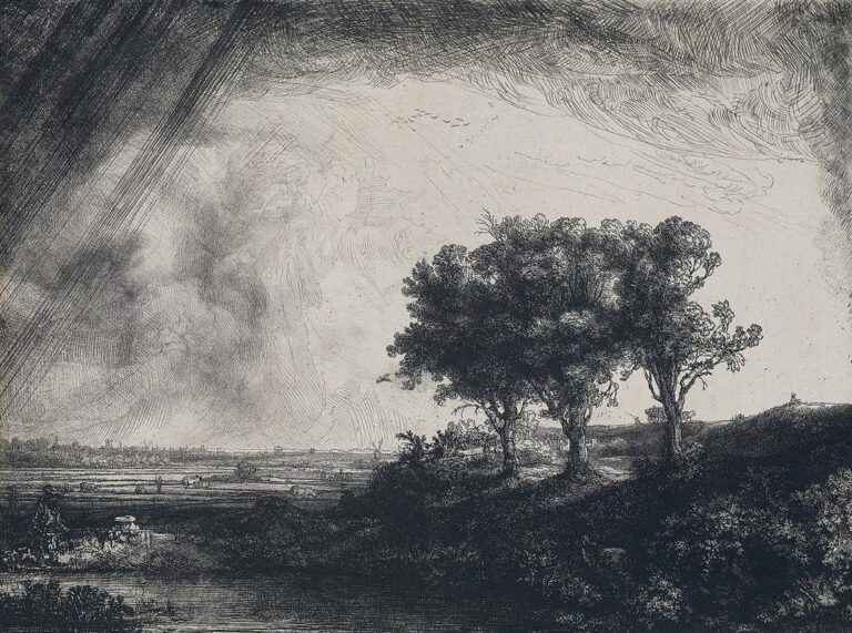 Etching of a Dutch landscape with three trees on a small hill at right, dark storm clouds and slanting rain sweeping in from the left, distant fields and a city on the horizon, and tiny figures working near a river under shifting light.