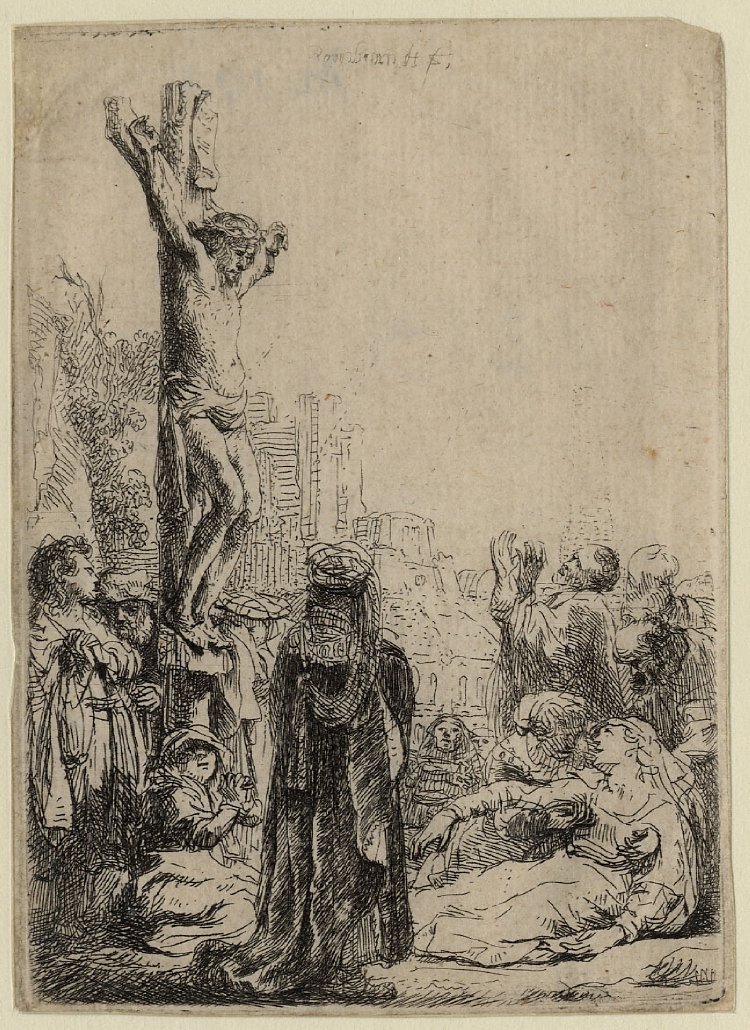 Small Rembrandt etching of Christ answering the tribute question, hand raised as light radiates behind his head; a coin is displayed in an open palm amid a tight semicircle of robed men, while a temple-like background recedes in soft cross-hatching.