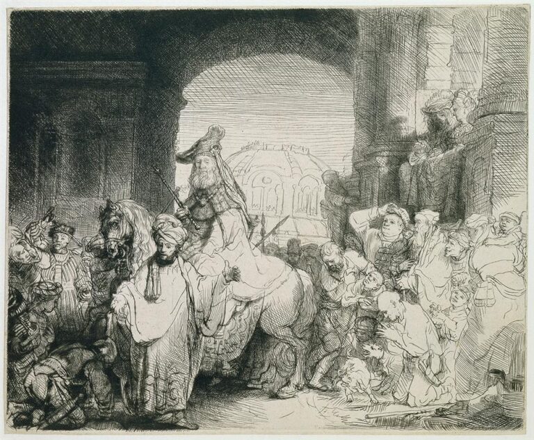 Rembrandt’s 1641 etching shows Mordechai riding a royal horse through a city arch as Haman walks ahead proclaiming his honor, surrounded by a bustling crowd of onlookers rendered in vivid light and shadow.
