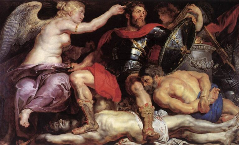 Winged Victory crowns an armored commander in Rubens’s “The Triumph of the Victory” as defeated enemies lie bound and dead beneath him amid trophies of war, bathed in dramatic Baroque light.