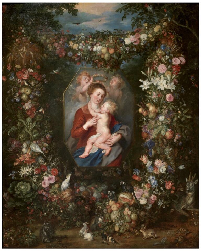 Octagonal image of the Virgin Mary holding the Christ Child hangs at the center while an elaborate garland of flowers and fruit, with birds and small animals below, forms a living frame against a dark woodland and open sky.