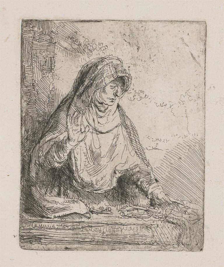 Etching of the Virgin Mary in three-quarter view, veiled and leaning toward a ledge that holds small Passion instruments—nails, crown of thorns, hammer, and pincers—her right hand raised in a gentle, instructive gesture against a lightly hatched background.