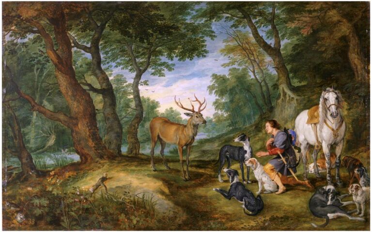 In a sun-dappled forest clearing a stag with a small cross between its antlers faces a kneeling hunter surrounded by attentive greyhounds and a white horse, with trees arching overhead and a river and pale sky opening in the distance.