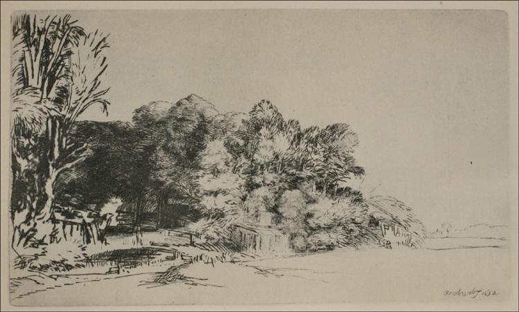 Etched landscape with a dark cluster of trees and small sheds at left, a curving path leading behind them, and a wide, nearly blank expanse of light at right suggesting open sky and water; lines vary from dense hatching to airy strokes to create depth and calm.