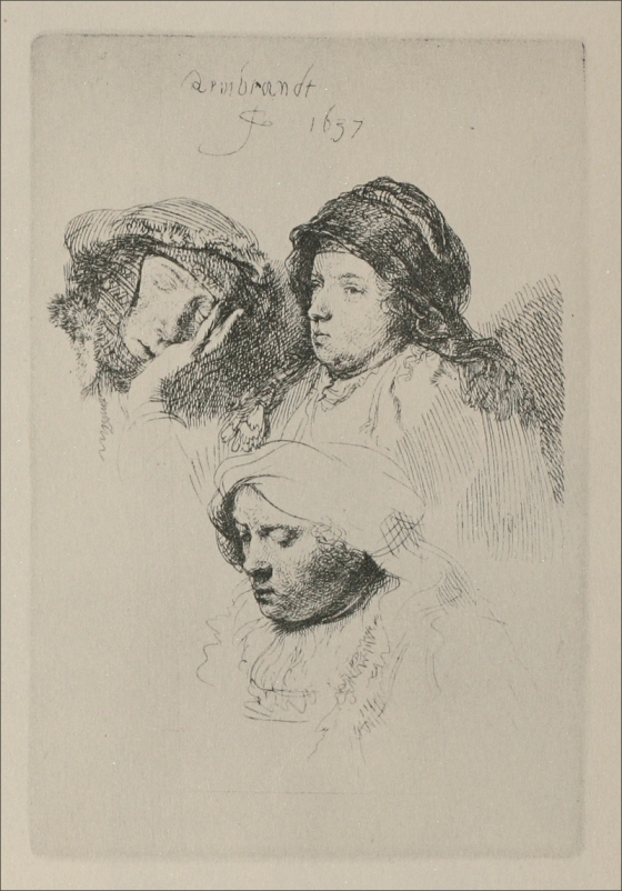 Etching showing three bust-length women: at upper left a figure asleep with head on hand, at upper right a woman in three-quarter profile with cap, and at bottom a head bowed with closed eyes; delicate hatching models the faces, with Rembrandt’s signature and date above.