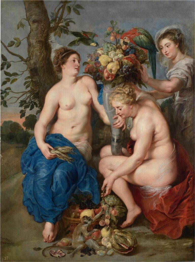 Three nude nymphs in a woodland clearing gather around a towering cornucopia overflowing with fruit while bright parrots perch above and a small monkey picks figs below; blue and red draperies, warm skin tones, and soft light create a lush scene of Baroque abundance.