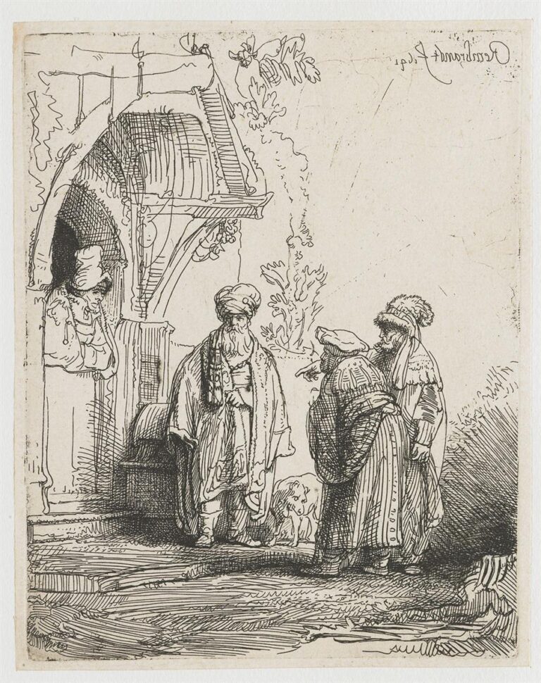 Rembrandt’s 1641 etching shows three robed men in Eastern dress conversing beneath a doorway canopy, with a small dog at the central figure’s feet and a woman watching from the shadowed threshold, all rendered in delicate lines and soft hatching.