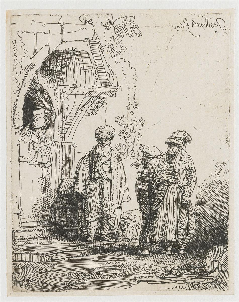 Rembrandt’s 1641 etching shows three robed men in Eastern dress conversing beneath a doorway canopy, with a small dog at the central figure’s feet and a woman watching from the shadowed threshold, all rendered in delicate lines and soft hatching.
