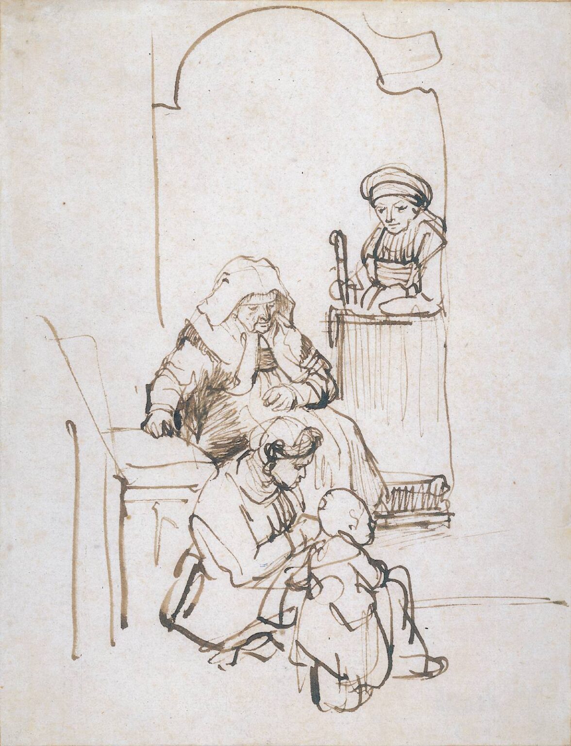 A quick pen-and-wash drawing shows an arched doorway with an elderly woman seated inside, another woman standing behind a low gate, and a mother kneeling to adjust the clothes of a toddler at the threshold; spare lines suggest architecture and gentle conversation.