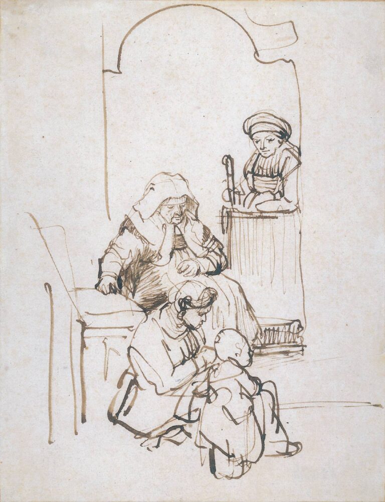 A quick pen-and-wash drawing shows an arched doorway with an elderly woman seated inside, another woman standing behind a low gate, and a mother kneeling to adjust the clothes of a toddler at the threshold; spare lines suggest architecture and gentle conversation.